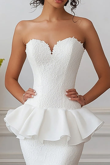 Mermaid Sweetheart Ruffled White Prom Dress With Lace